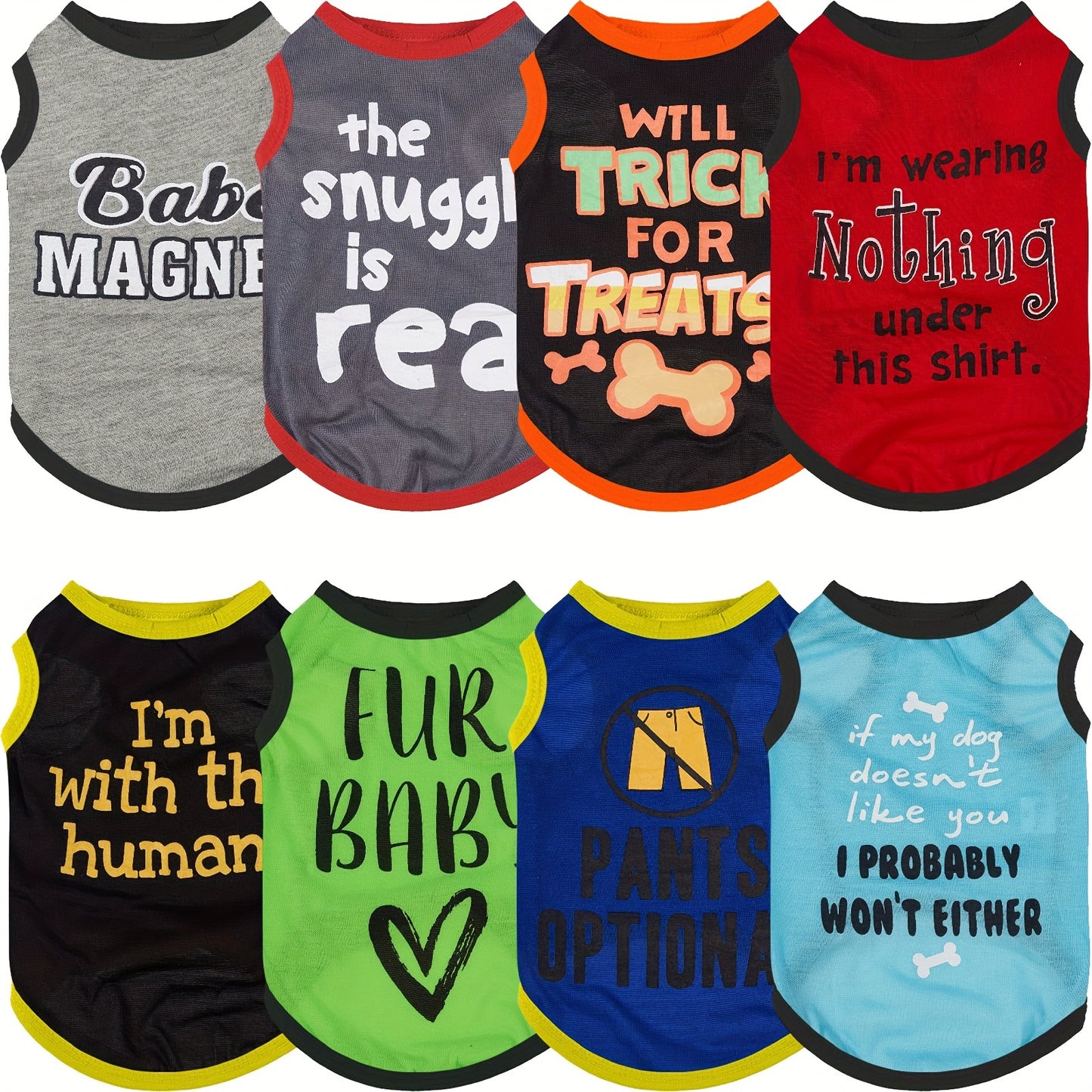 8pcs PAIAITE Dog Shirts - Funny Pet Outfits with "The Snuggles Are Real", "I'm Wearing Treats Under This Shirt", "Fur Friend" - Soft Breathable Dog Clothes for Small Dogs & Cats - Easy Slip-On Summer Apparel in Grey/Black/Red