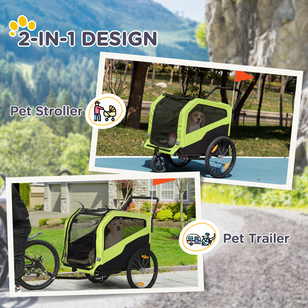 2-in-1 Dog Bike Trailer & Stroller for Large Dogs with Hitch - Green