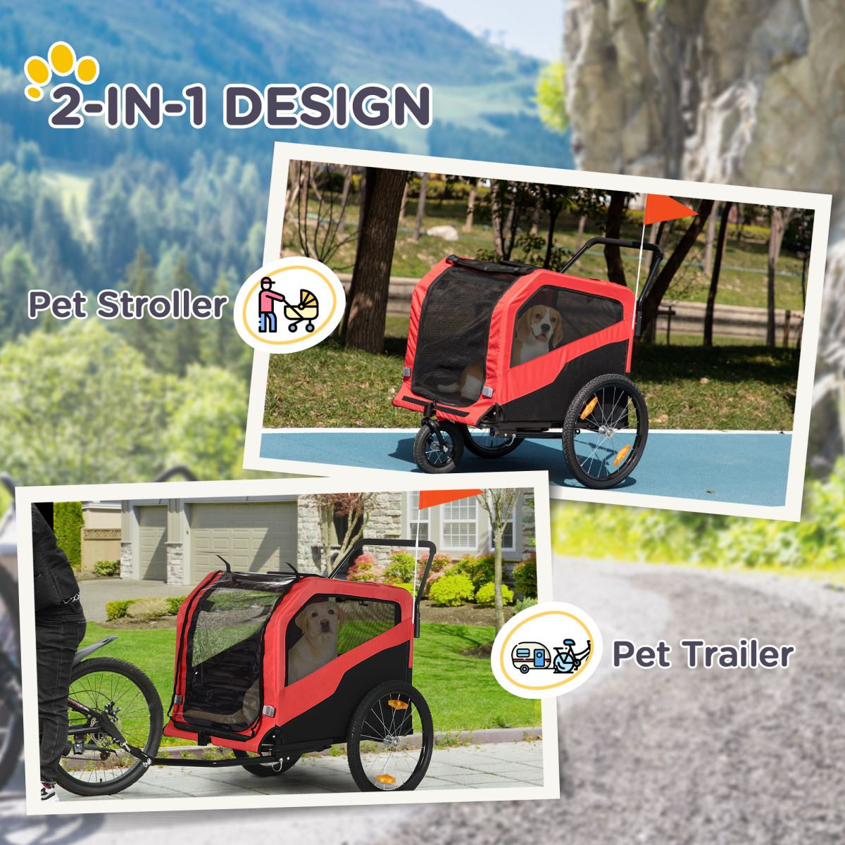 2-in-1 Dog Bike Trailer & Stroller for Large Dogs with Hitch - Red